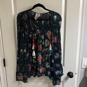 Johnny Was Dark Floral Blouse with Tassels